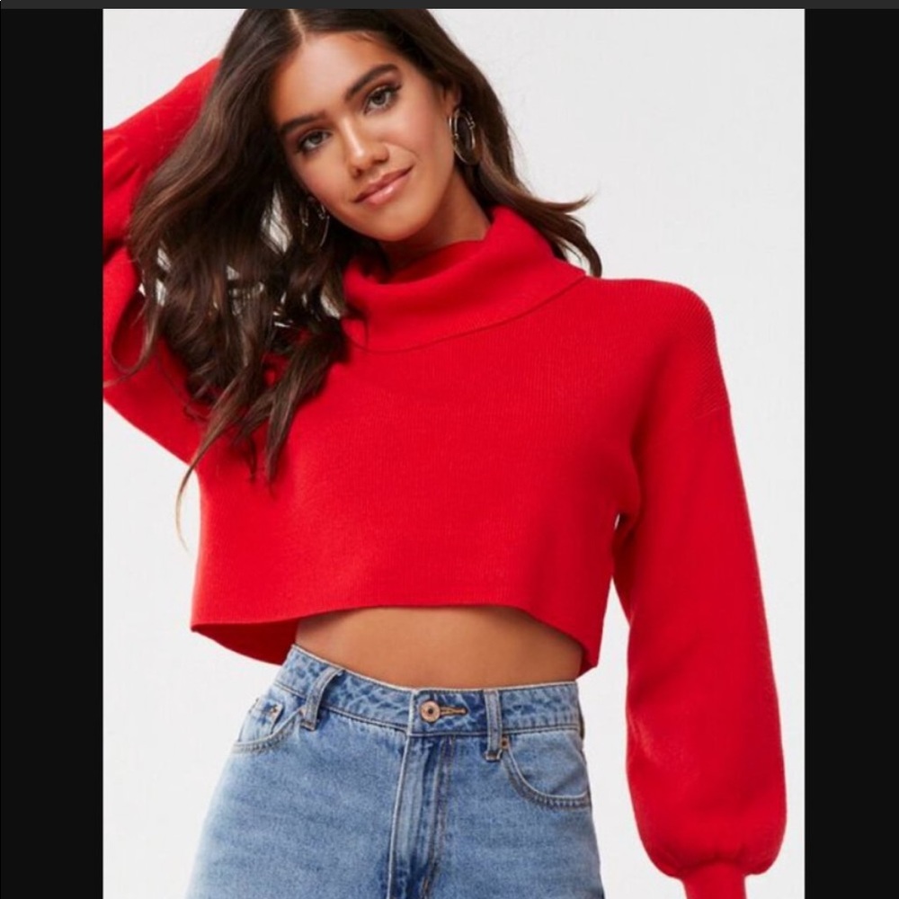 Red turtleneck midi crop sweat shirt